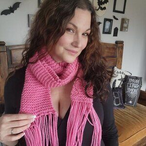 HandKnit Pink Scarf, Extra Long Yarn With Fringe, OOAK One Of A Kind